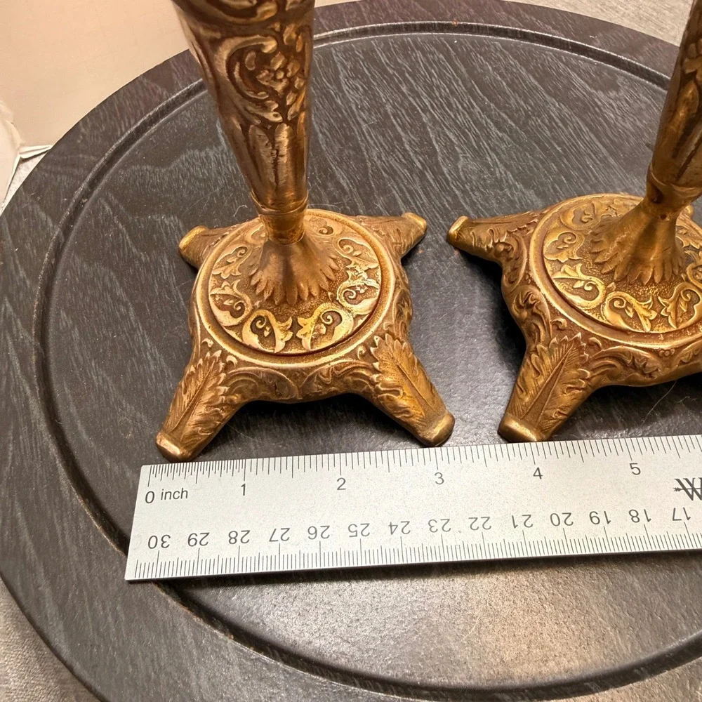 Vintage Brass Taper Candlestick Holders Pair Ornate Victorian Style Floral 7.5in